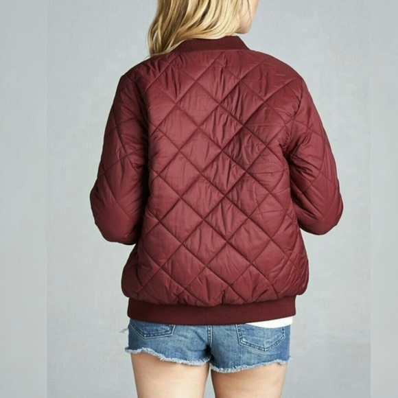 PLUS SIZE QUILTED PADDED BOMBER JACKET in burgundy - Picture 3 of 5
